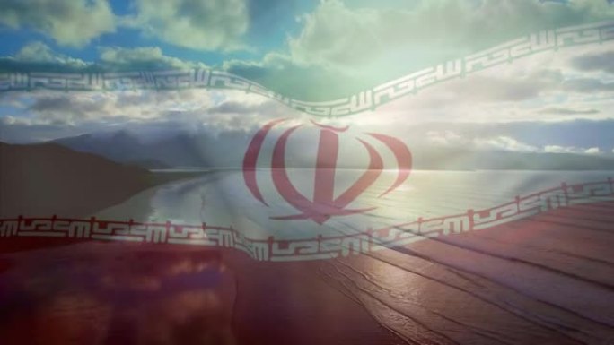 数字组成挥舞伊朗国旗反对海滩和海的鸟瞰图