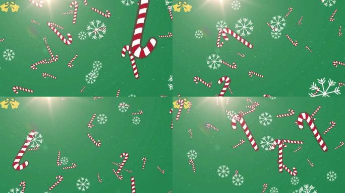 绿色背景上的圣诞节糖果棒上的雪的动画