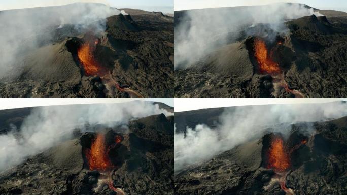 火山吹出大量岩浆以形成溪流