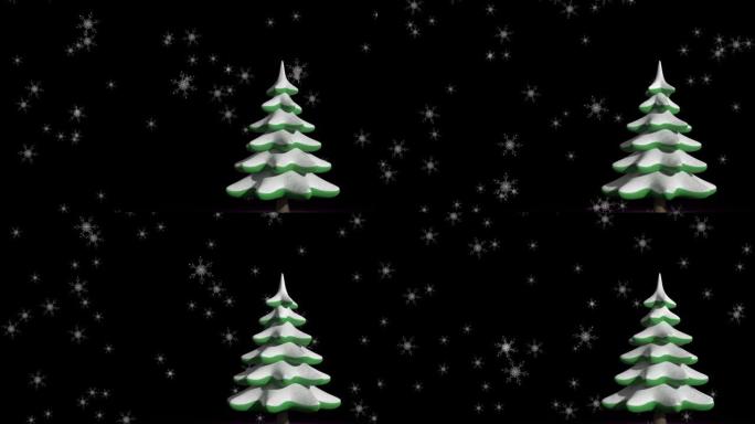 黑色背景上的雪落在枞树上的动画