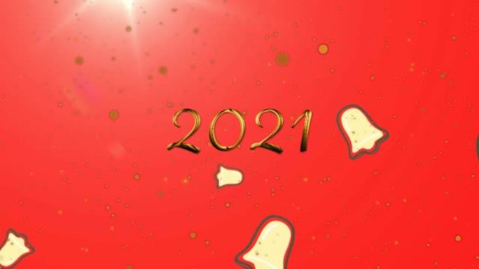 黄色斑点和圣诞钟图标落在红色背景上的2021文字和光斑上
