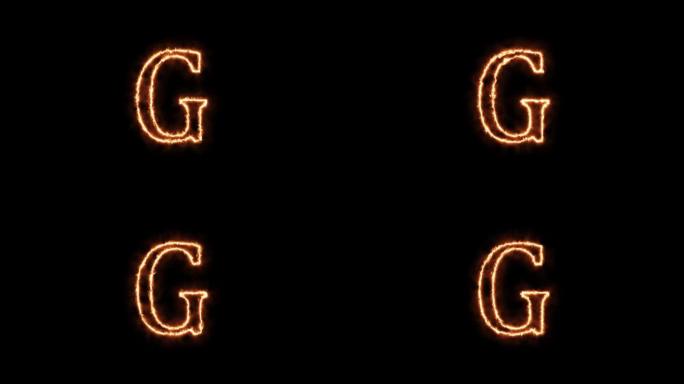 火热的字母G。黑色背景上的动画在火焰4k视频中燃烧的字母。