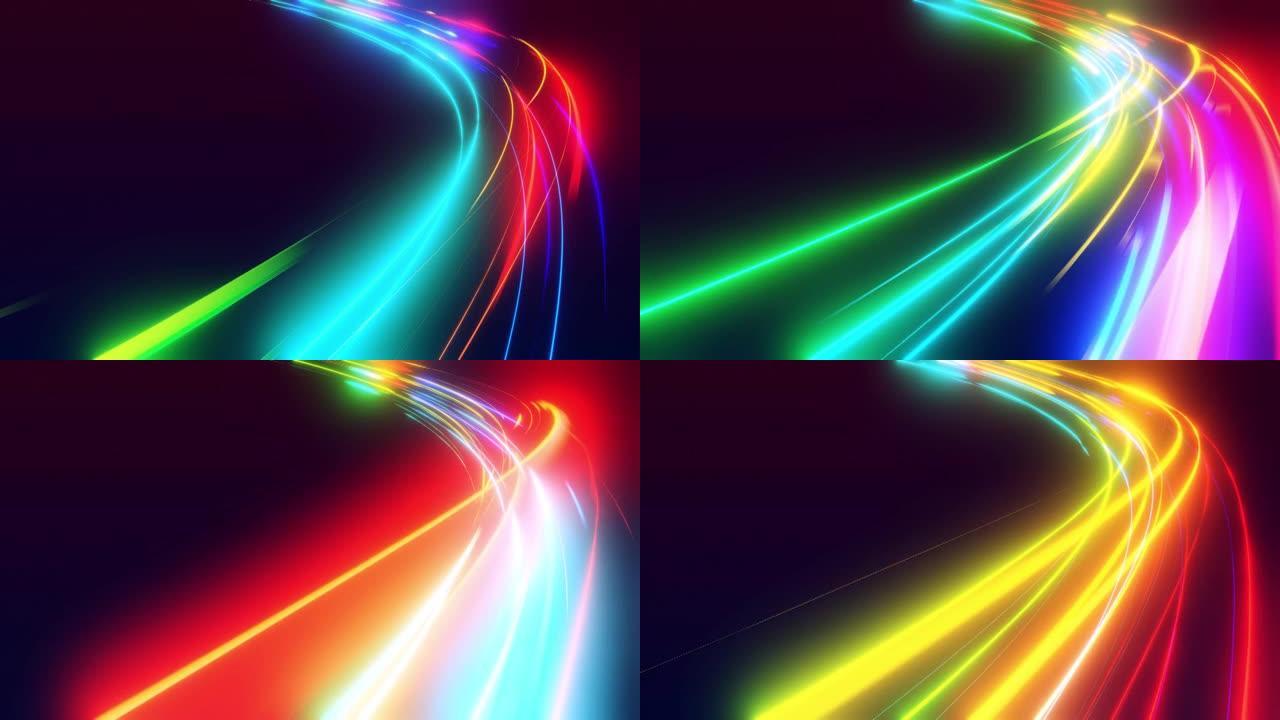 3d vj循环，抽象背景与多色辉光线的未来流动。光线条纹通过相机飞行或通过数据流飞行。motionH