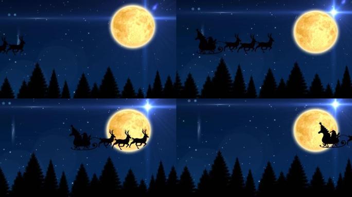 冬季风景中夜空上的圣诞老人和雪橇动画