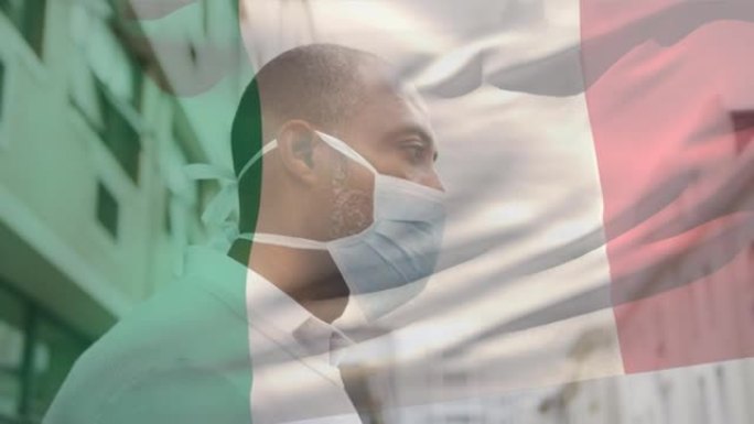 在covid 19大流行期间，意大利国旗挥舞着戴着口罩的男子的动画