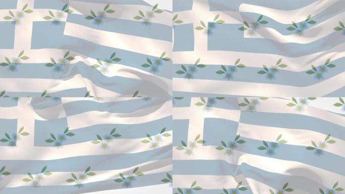 希腊国旗飘扬在一排排落花上的动画