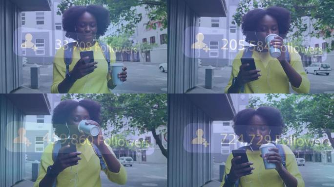 在城市街道上使用智能手机的非裔美国妇女的社交媒体通知动画