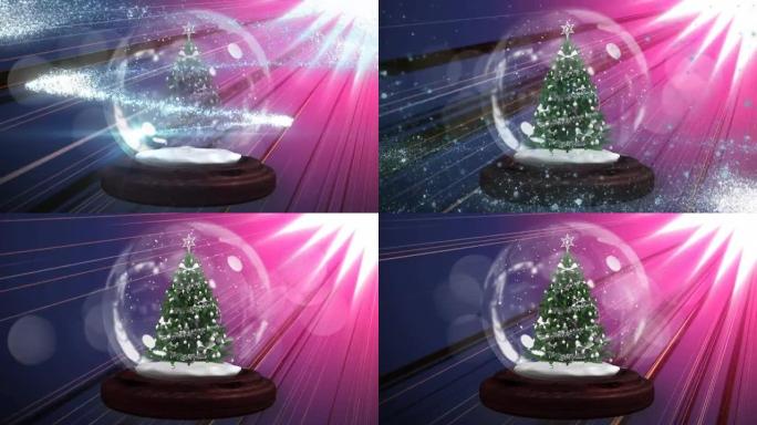 紫色背景上的雪球在发光光线上的动画