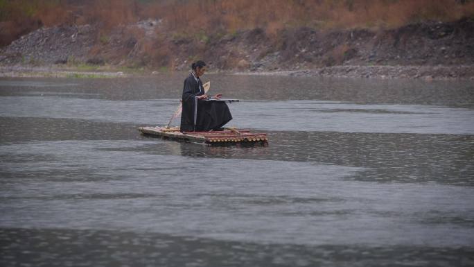 雨中江面上抚琴弹琴弹古筝