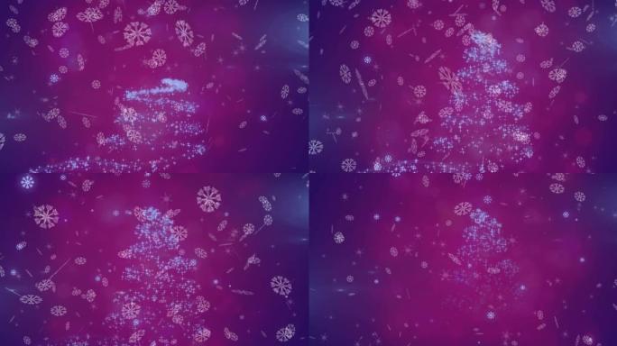 紫色背景下飘雪圣诞树图案的动画