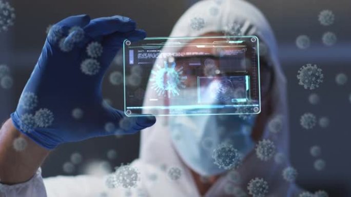 戴着口罩的男性医生的病毒细胞和数字接口的动画