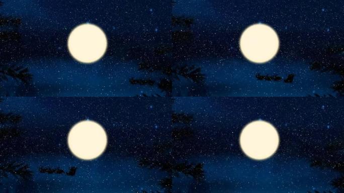 带有驯鹿和月亮的雪橇上的雪落在圣诞老人身上的动画