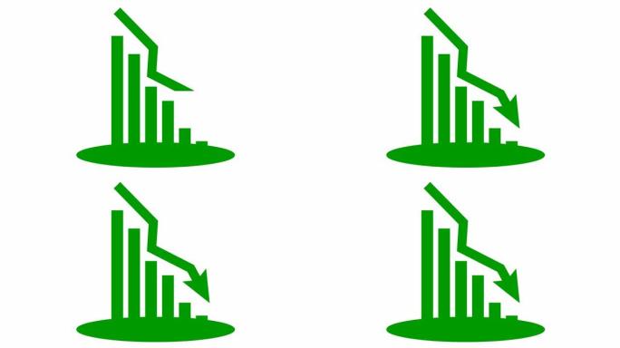 带有趋势线图的财务下降的动画绿色图表。经济危机，衰退，下降图。条形图。利润下降。矢量插图孤立在白色背