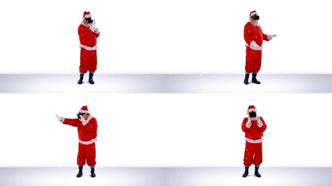 雪落在戴着vr耳机的圣诞老人身上，在灰色背景下跳舞
