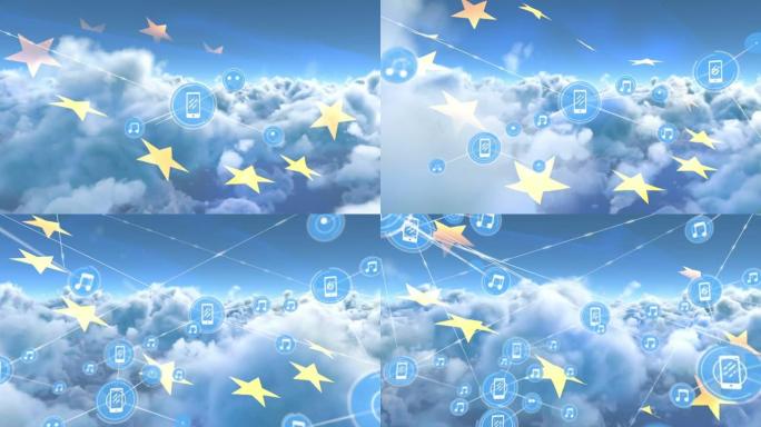 通过欧盟国旗和云与智能手机连接图标网络的动画