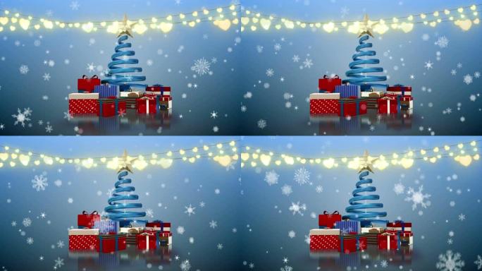 蓝色背景上的圣诞树、礼物、灯光和落雪动画