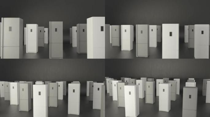抽象行冰箱，单色。动画。厨房设备和室内设计的概念，白色冰箱隔离在灰色背景上