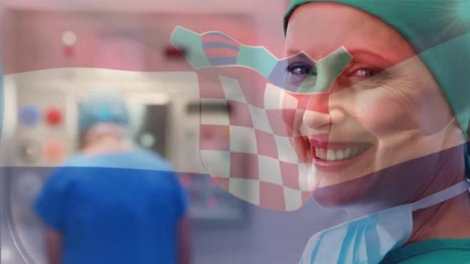 克罗地亚国旗在手术室中挥舞着女外科医生的动画