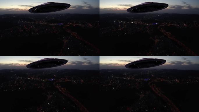 日落时分，巨大的外星飞船飞碟在城市上空掠过，