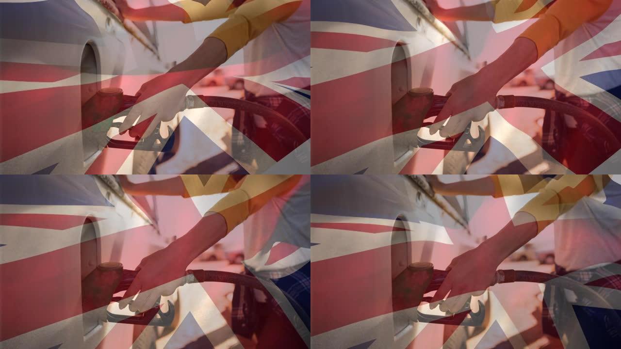 在汽油泵上挥舞英国国旗的动画