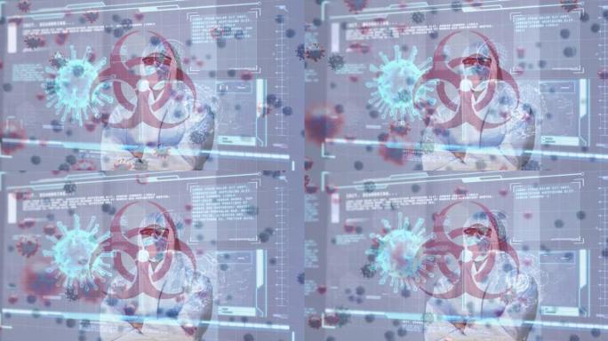 生物危害图标的动画，病毒细胞，戴着口罩的男性医生的数字界面