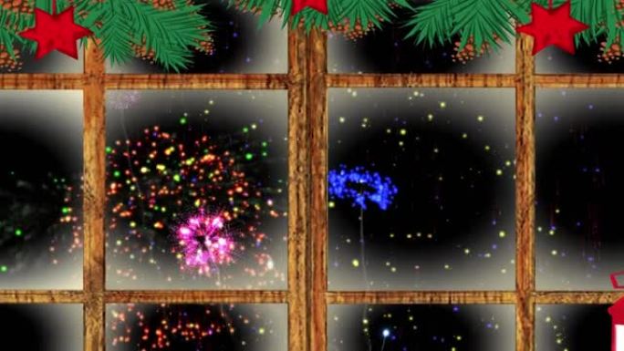 圣诞灯和木制窗框抵御烟花在黑色背景上爆炸