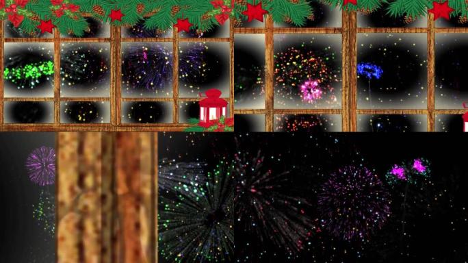 圣诞灯和木制窗框抵御烟花在黑色背景上爆炸