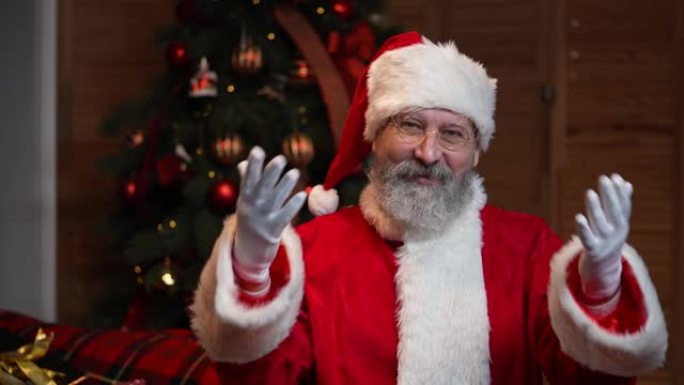 圣诞老人的肖像看着相机，祝贺每个人的假期。老人，留着红色西装，戴着帽子，在圣诞树的背景下。新年快乐。
