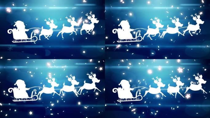 与驯鹿一起在雪橇上坠落的发光星星的动画