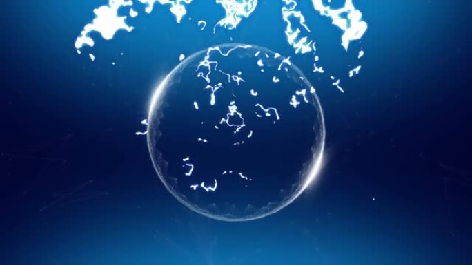 深蓝色背景上白色圆圈上发光的白色液体光的动画