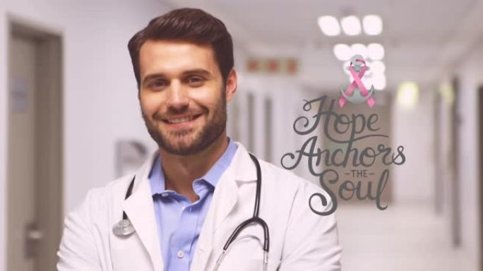 在医院微笑的白人男性医生的乳腺癌意识文字动画