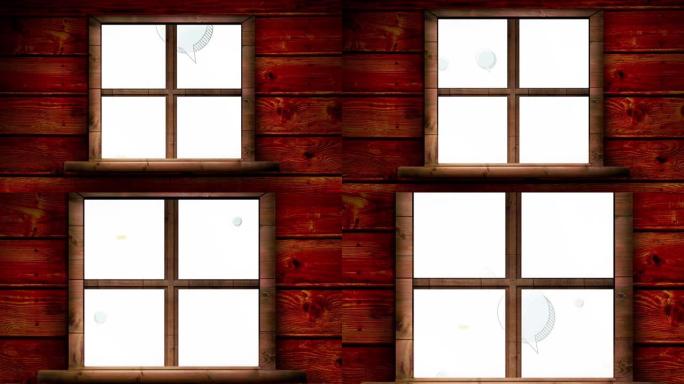 白色背景下漂浮的多个语音气泡的木制窗框
