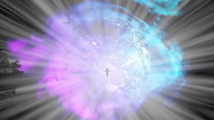 一个男人的剪影飞行的动画，在美丽的星云中一颗行星发出的明亮光线中降落到地面。