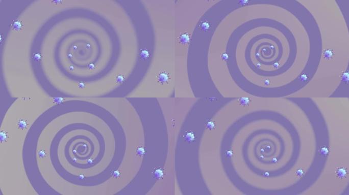 紫色螺旋上的covid 19细胞面罩下降动画