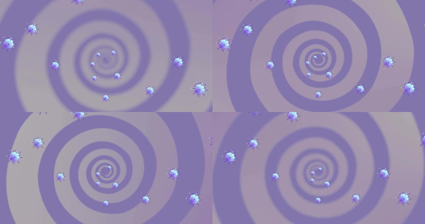 紫色螺旋上的covid 19细胞面罩下降动画