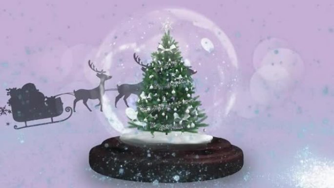 圣诞老人在雪橇上的动画，驯鹿在雪球上移动
