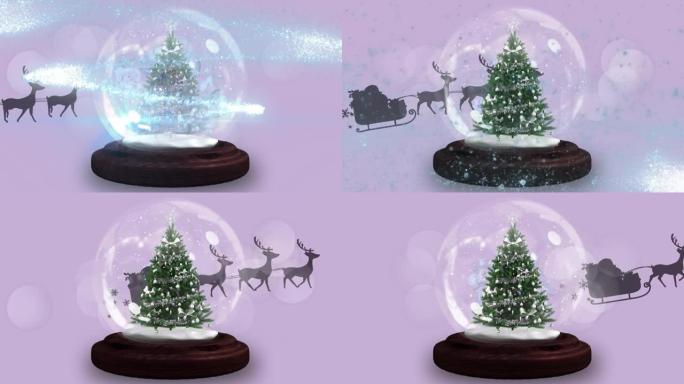 圣诞老人在雪橇上的动画，驯鹿在雪球上移动
