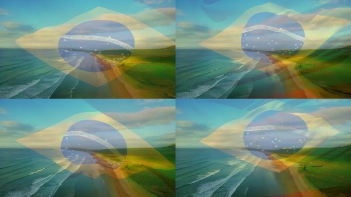 数字组成挥舞巴西国旗反对海滩和海浪的鸟瞰图