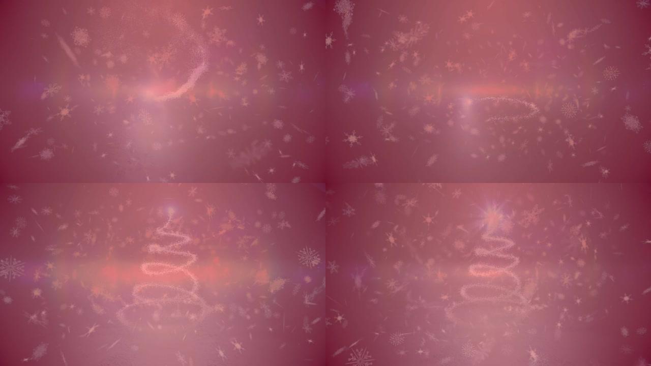 下雪和星星的动画用红色过滤器在背景上创建圣诞树
