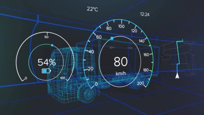 卡车上带有充电电池图标和速度计的界面动画