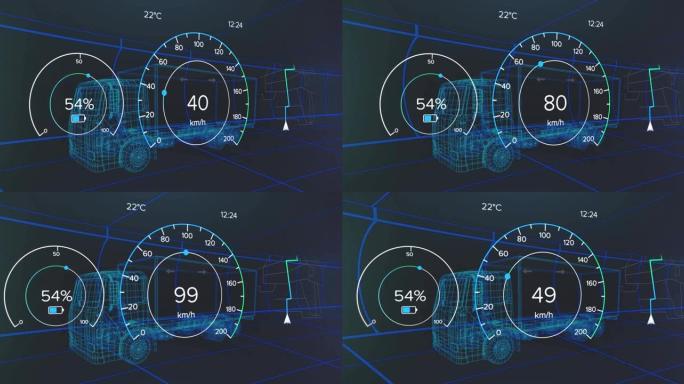 卡车上带有充电电池图标和速度计的界面动画