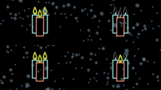 黑色背景上的动画od雪落在霓虹灯圣诞装饰上