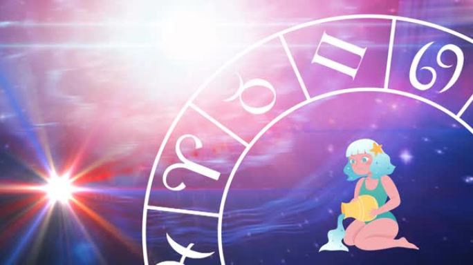 紫色背景上的星座轮旋转的水瓶座星座动画