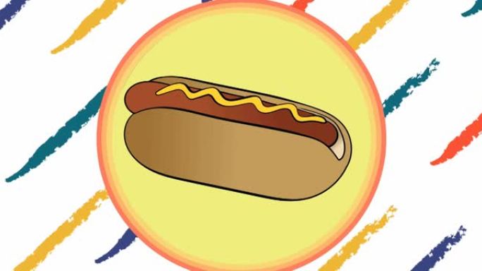 黄色圆圈中的热狗动画，白色背景上彩色的对角线