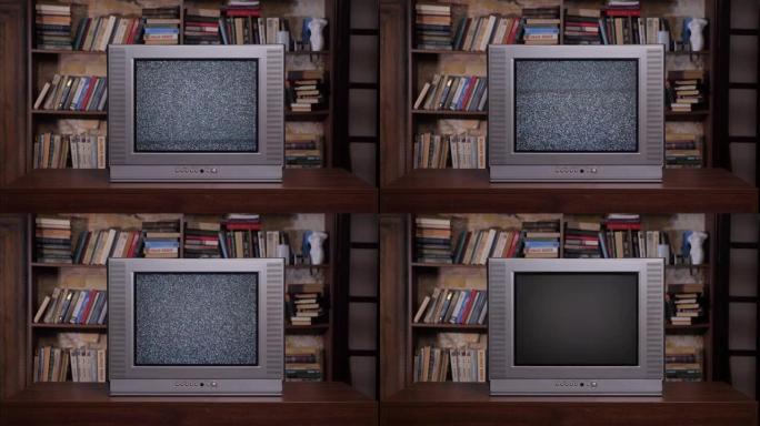 旧书背景复古电视机。不良的电视信号噪声。房间旧电视机。90年代复古电视屏幕静电噪音。模拟静态效果复古