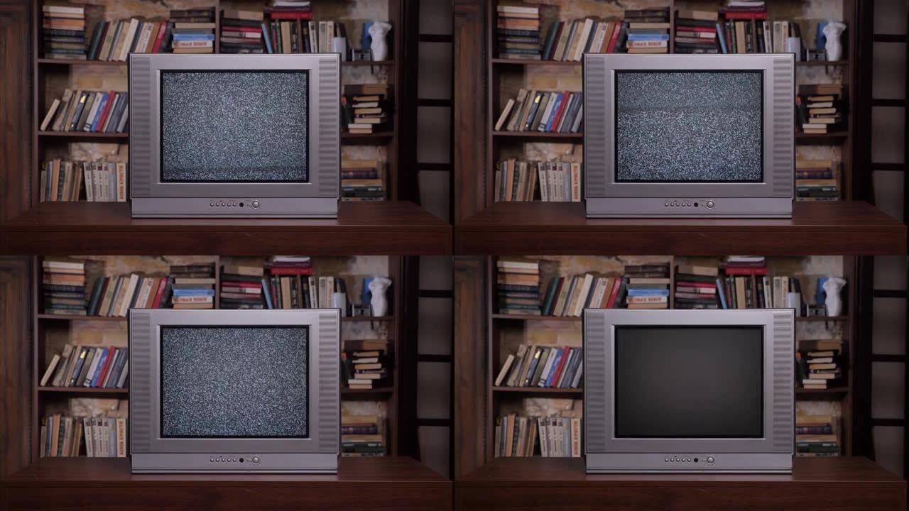 旧书背景复古电视机。不良的电视信号噪声。房间旧电视机。90年代复古电视屏幕静电噪音。模拟静态效果复古