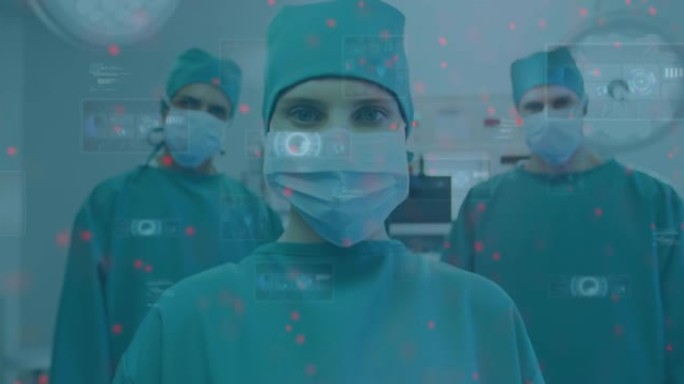 手术室中假面男女外科医生的数据处理动画