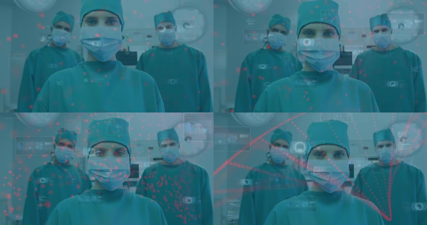 手术室中假面男女外科医生的数据处理动画