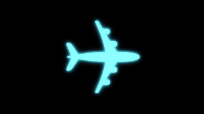 飞机图标和符号隔离在黑色屏幕上，呈霓虹蓝色发光效果。旅行和飞机外的循环动画。
