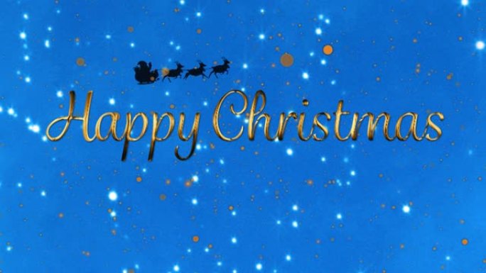 圣诞节快乐的文字和针对驯鹿拉雪橇中的圣诞老人的黄色斑点